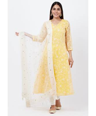 Breezy Lemon Chikankari Embroidered Anarkali with churidaar and Sequenced Dupatta 1