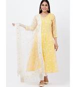 Breezy Lemon Chikankari Embroidered Anarkali with churidaar and Sequenced Dupatta