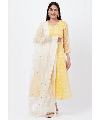 Breezy Lemon Chikankari Embroidered Anarkali with churidaar and Sequenced Dupatta 2