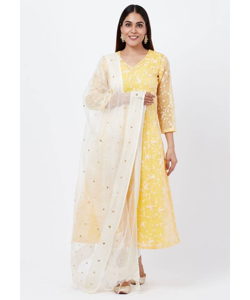 Breezy Lemon Chikankari Embroidered Anarkali with churidaar and Sequenced Dupatta