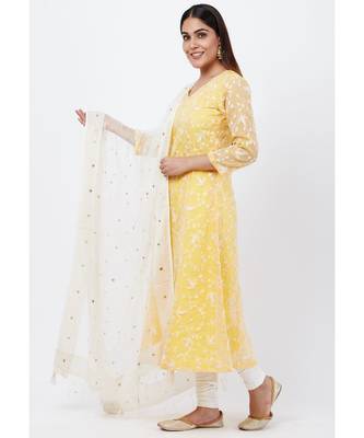 Breezy Lemon Chikankari Embroidered Anarkali with churidaar and Sequenced Dupatta 3