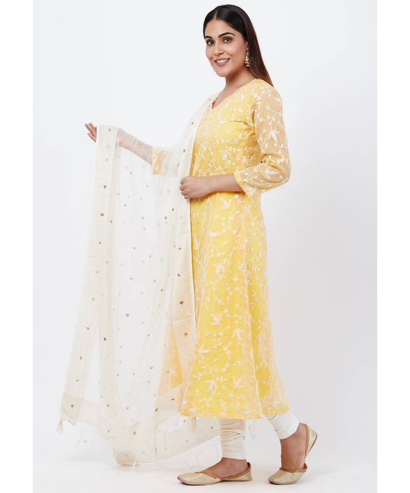 Breezy Lemon Chikankari Embroidered Anarkali with churidaar and Sequenced Dupatta