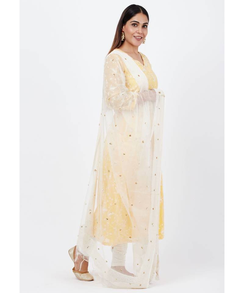 Breezy Lemon Chikankari Embroidered Anarkali with churidaar and Sequenced Dupatta