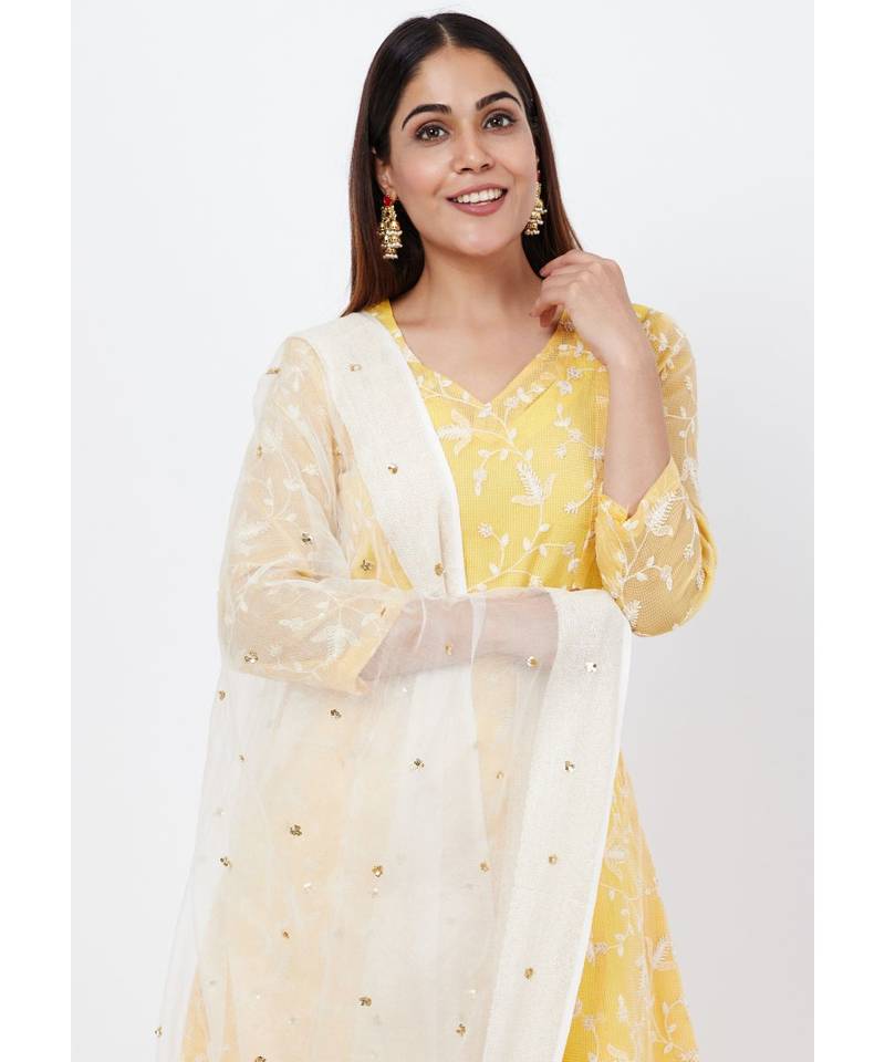 Breezy Lemon Chikankari Embroidered Anarkali with churidaar and Sequenced Dupatta