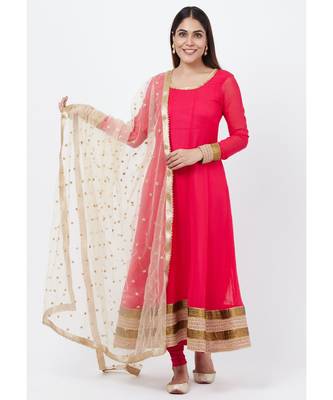 Fuscia Pink Anarkali With Churidar And Sequenced Dupatta 1