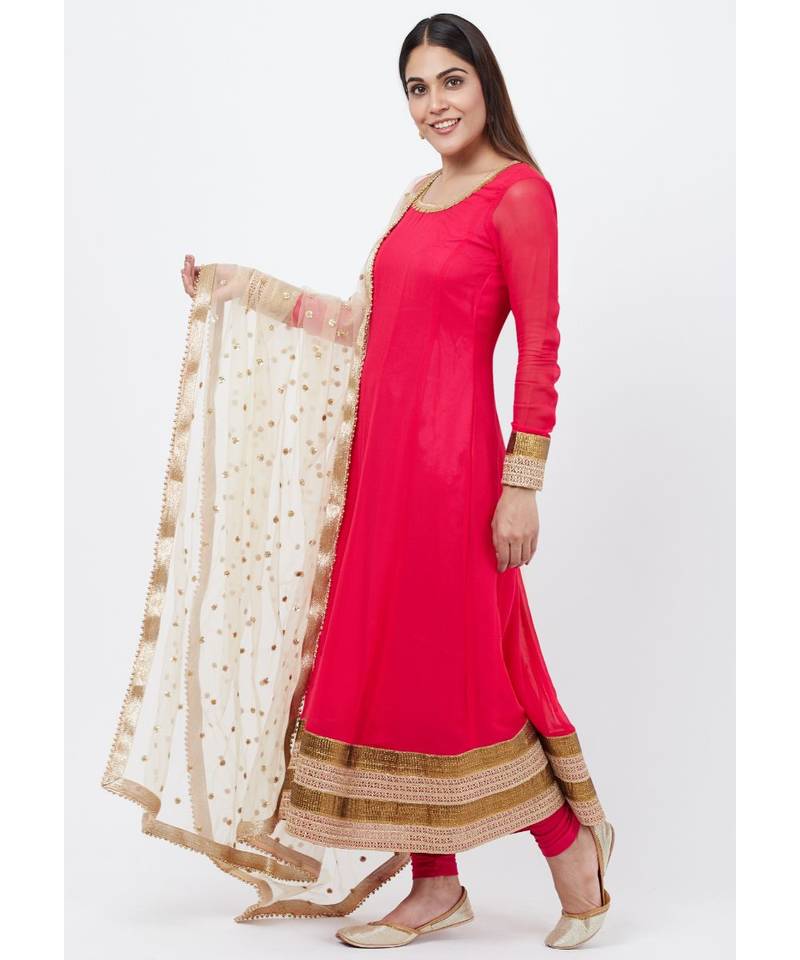 Fuscia Pink Anarkali With Churidar And Sequenced Dupatta