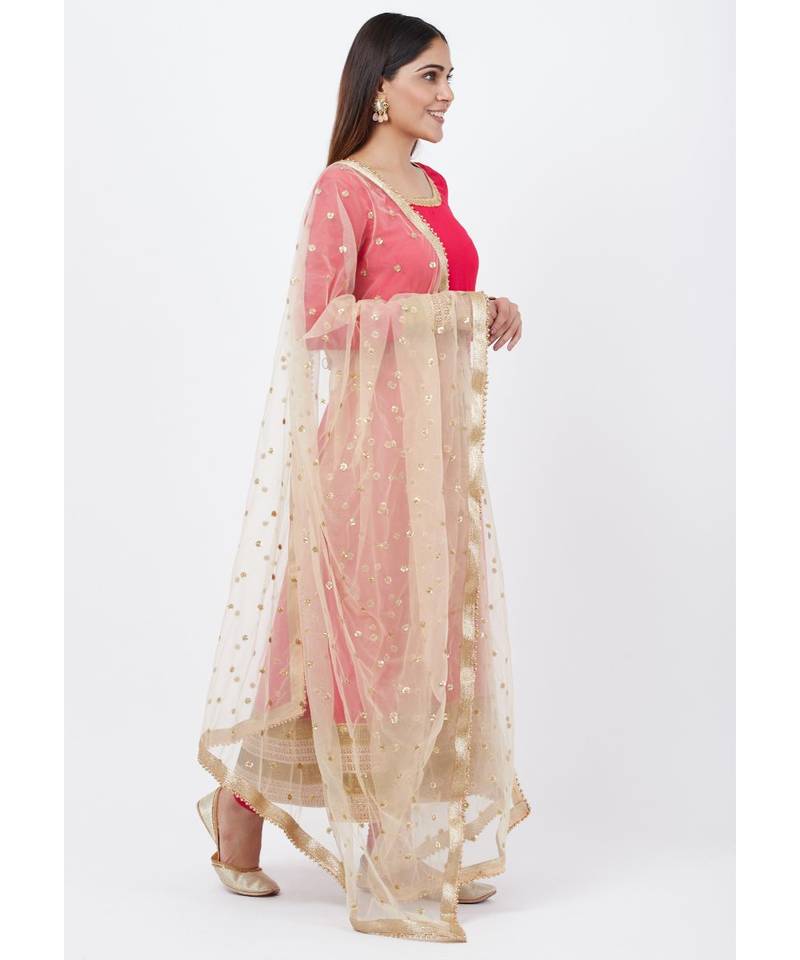 Fuscia Pink Anarkali With Churidar And Sequenced Dupatta