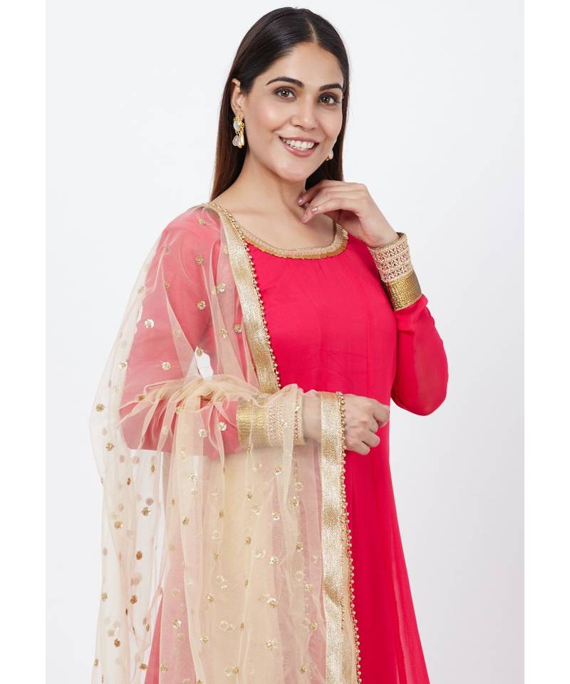 Fuscia Pink Anarkali With Churidar And Sequenced Dupatta