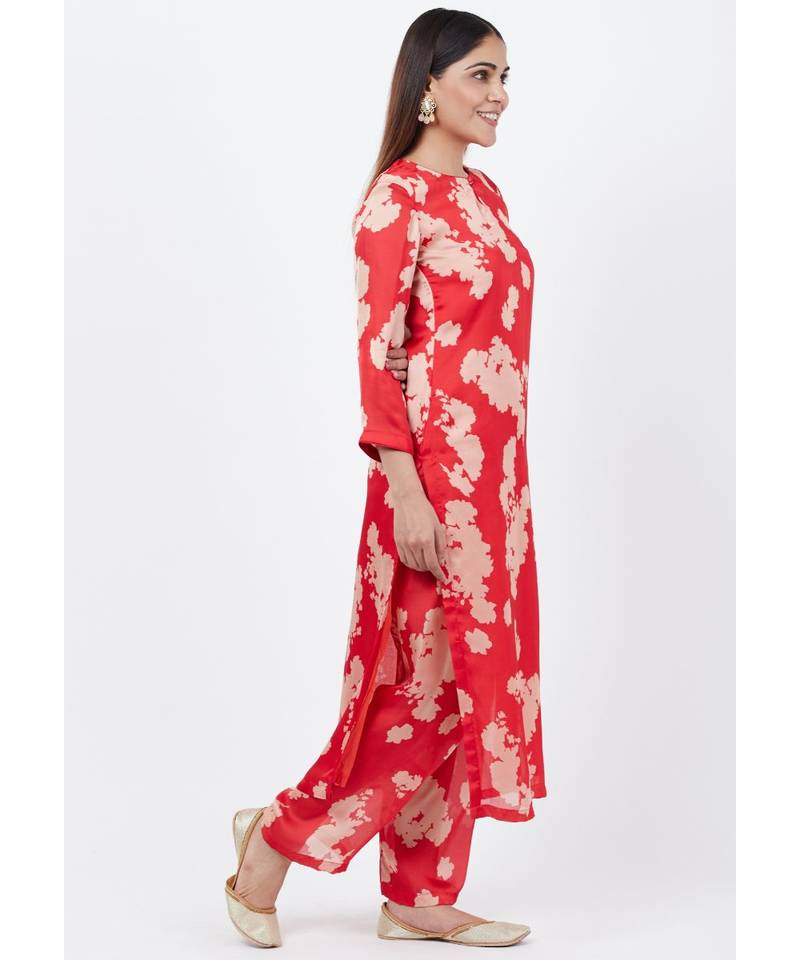 Red Printed Straight Kurti with Printed Palazzo