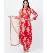 Red Printed Straight Kurti with Printed Palazzo and Mirror Dupatta