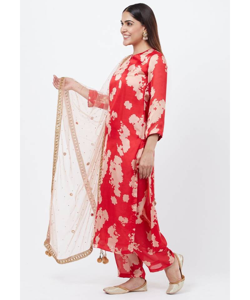 Red Printed Straight Kurti with Printed Palazzo and Mirror Dupatta