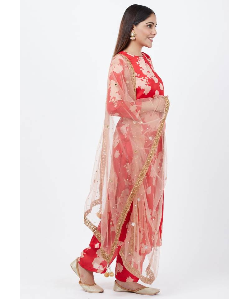Red Printed Straight Kurti with Printed Palazzo and Mirror Dupatta