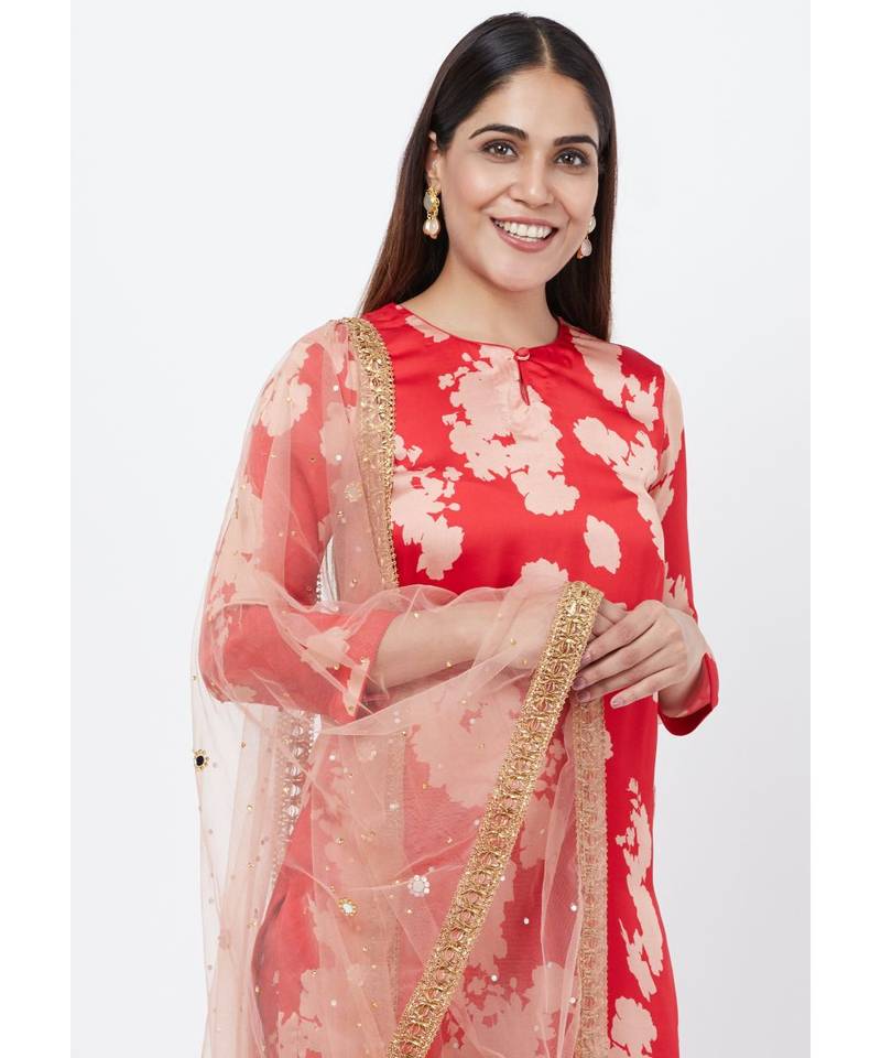Red Printed Straight Kurti with Printed Palazzo and Mirror Dupatta