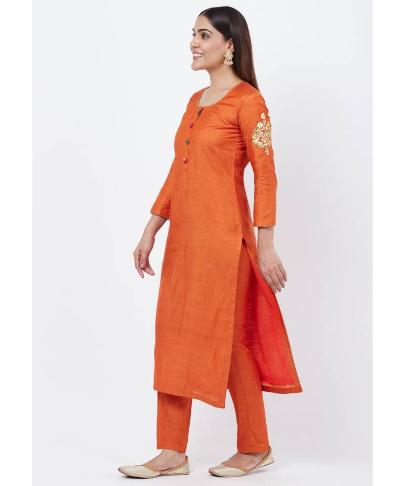 Rust Silk Gotta Embroidered Kurti with Straight Pants