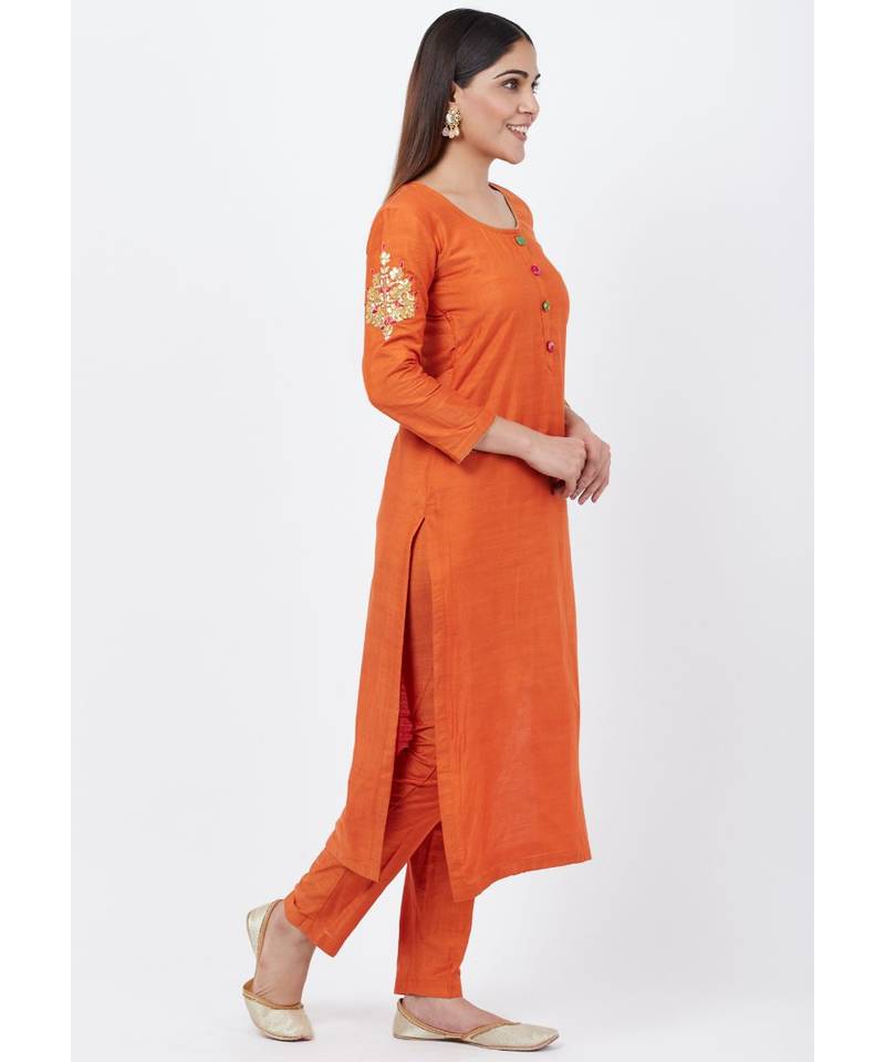 Rust Silk Gotta Embroidered Kurti with Straight Pants