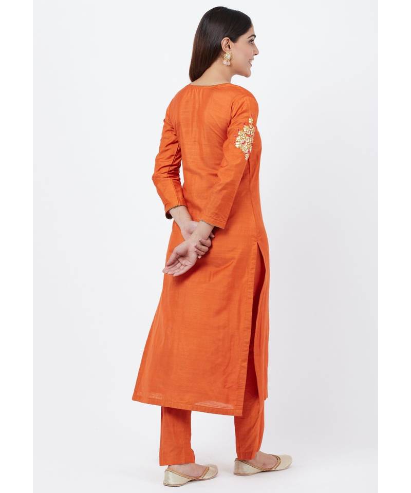 Rust Silk Gotta Embroidered Kurti with Straight Pants