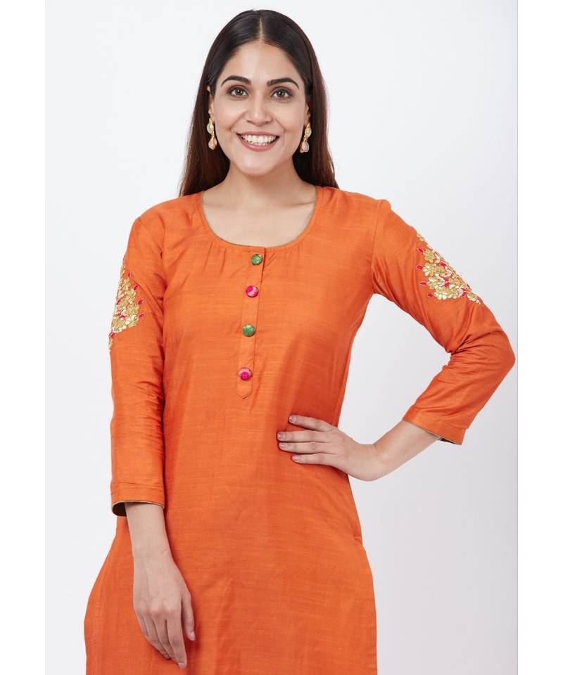 Rust Silk Gotta Embroidered Kurti with Straight Pants