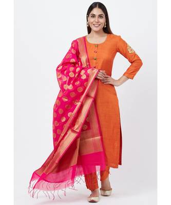 Rust Silk Gotta Embroidered Kurti with Straight Pants and Banarsi Dupatta 1