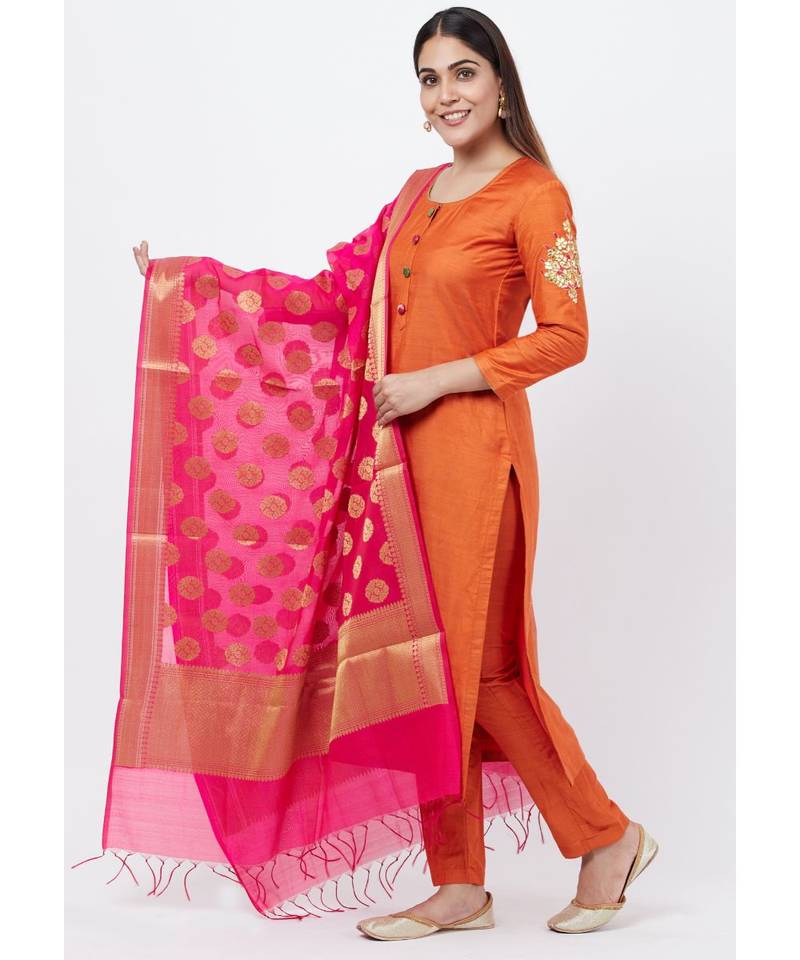 Rust Silk Gotta Embroidered Kurti with Straight Pants and Banarsi Dupatta