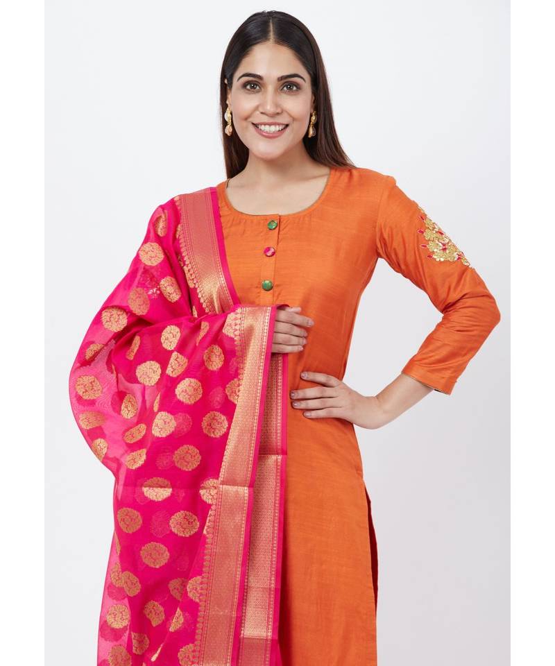 Rust Silk Gotta Embroidered Kurti with Straight Pants and Banarsi Dupatta