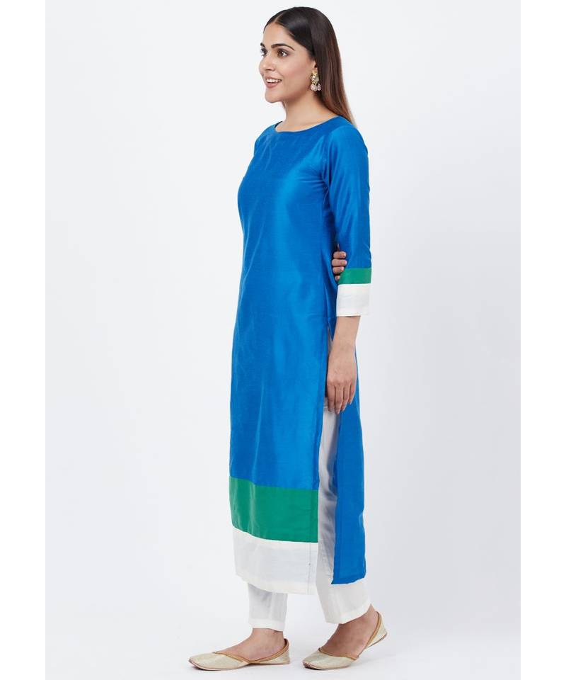 Blue Green Official Straight Kurti with Straight Pants