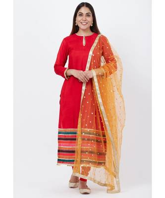 Red Multi-Border Kurti with Staright Pants and Sequenced Dupatta 1