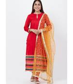 Red Multi-Border Kurti with Staright Pants and Sequenced Dupatta