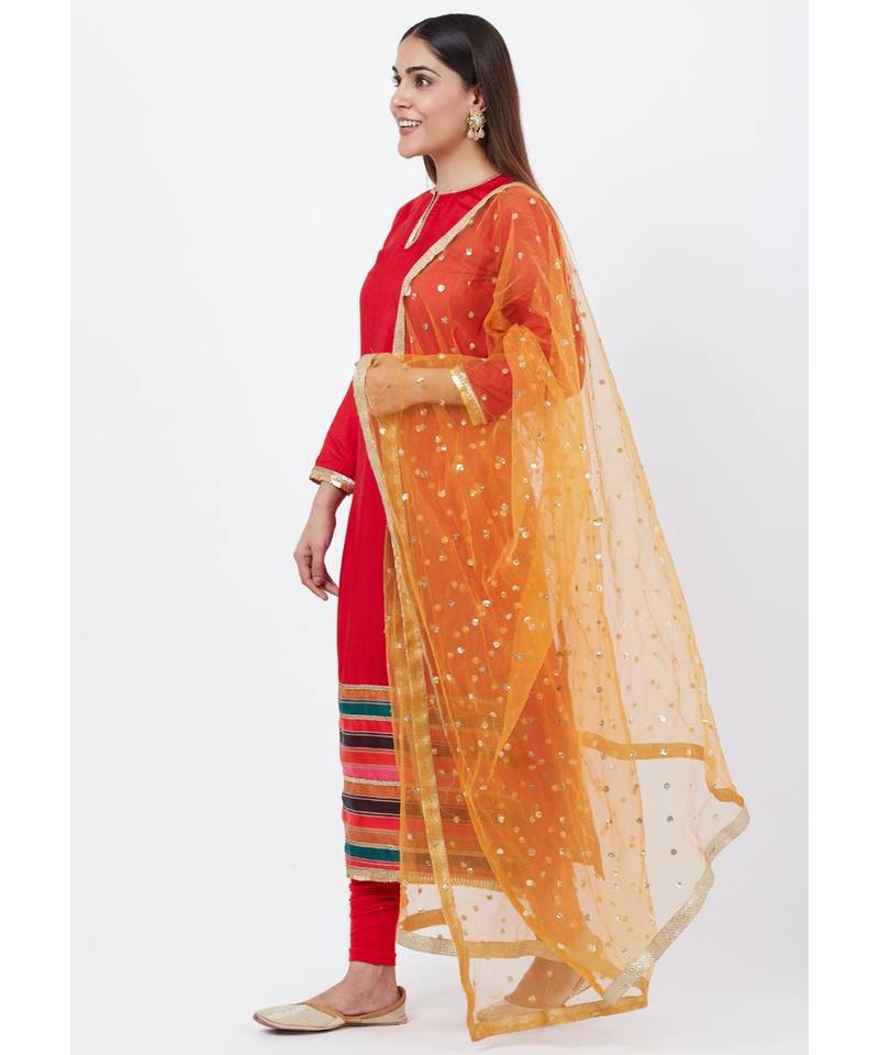 Red Multi-Border Kurti with Staright Pants and Sequenced Dupatta