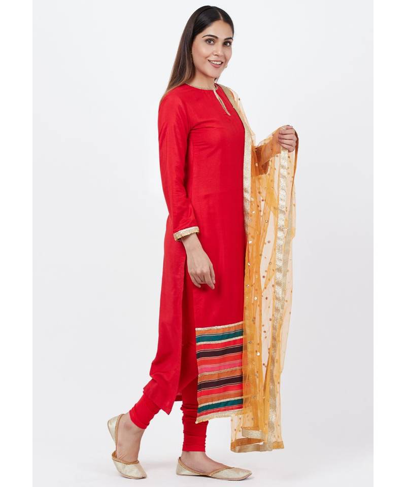 Red Multi-Border Kurti with Staright Pants and Sequenced Dupatta
