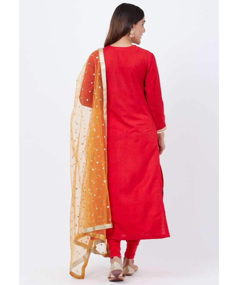 Red Multi-Border Kurti with Staright Pants and Sequenced Dupatta