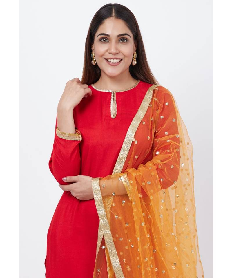 Red Multi-Border Kurti with Staright Pants and Sequenced Dupatta