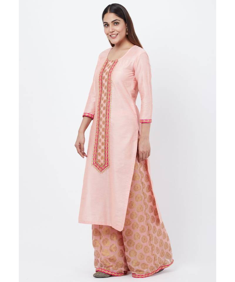 Peach Banarsi Yoke Kurti with Banarsi Palazzo