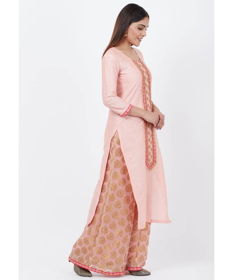 Peach Banarsi Yoke Kurti with Banarsi Palazzo