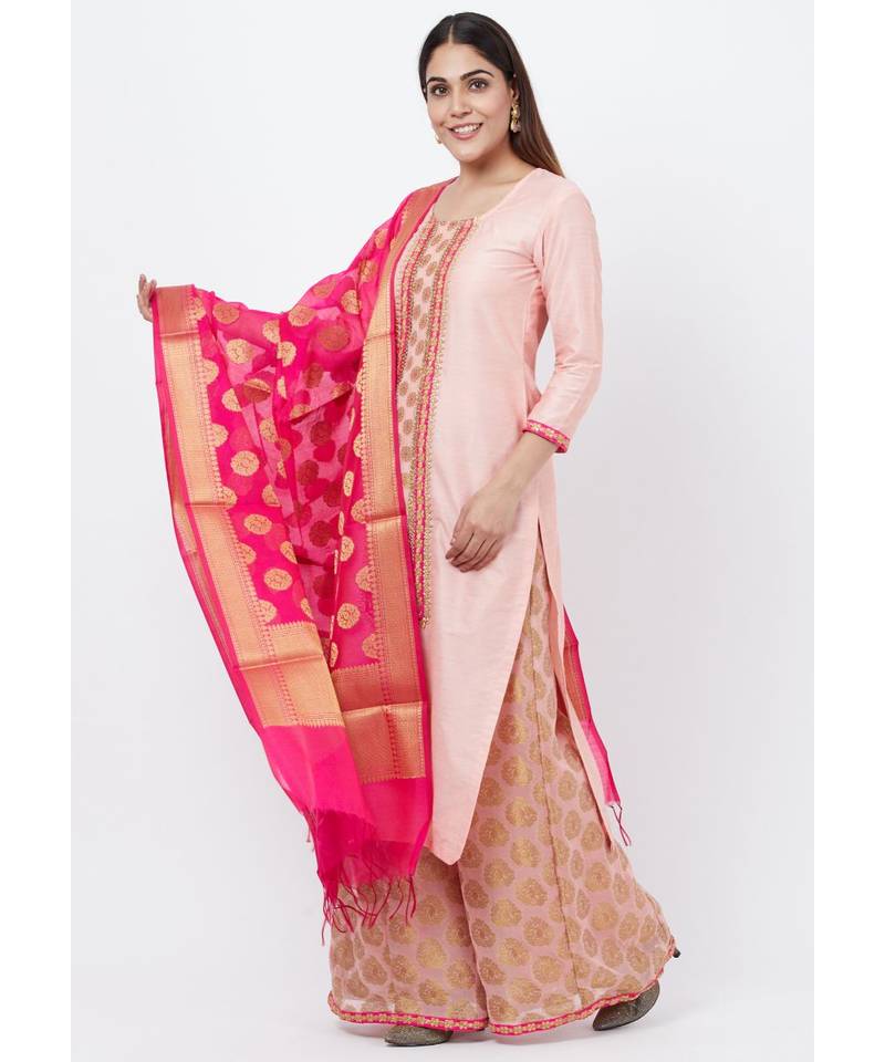 Peach Banarsi Yoke Kurti with Banarsi Palazzo and Banarsi Dupatta