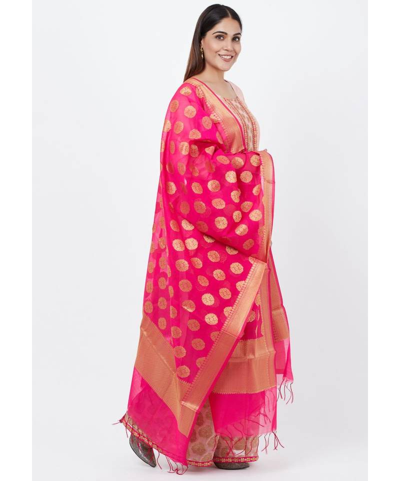 Peach Banarsi Yoke Kurti with Banarsi Palazzo and Banarsi Dupatta
