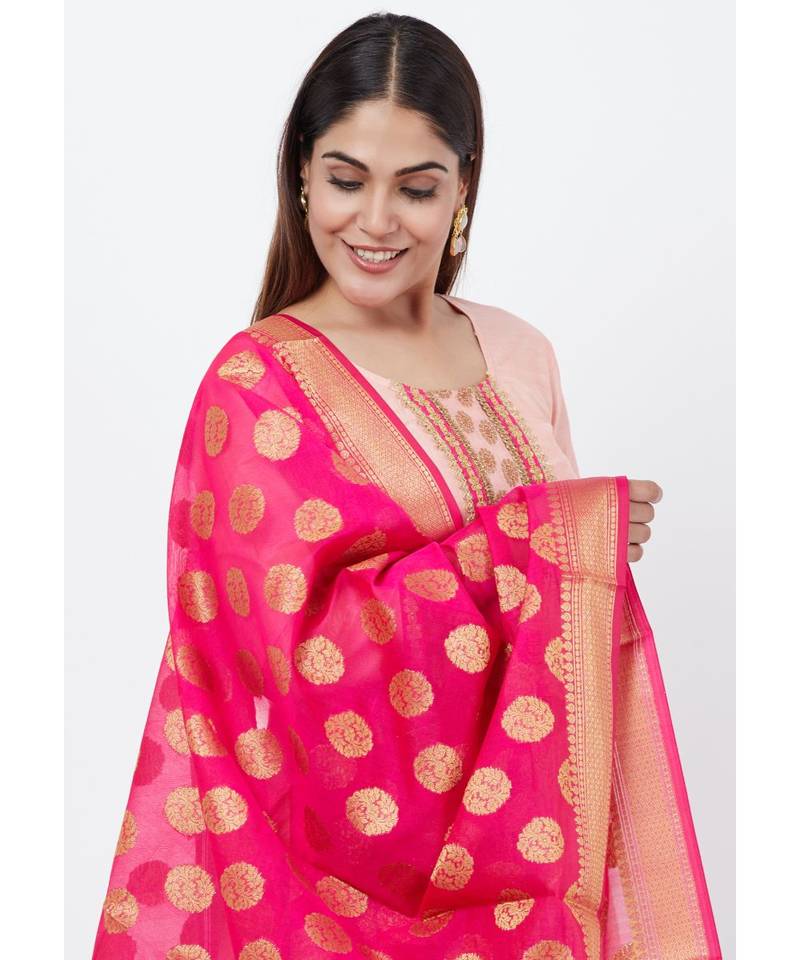 Peach Banarsi Yoke Kurti with Banarsi Palazzo and Banarsi Dupatta