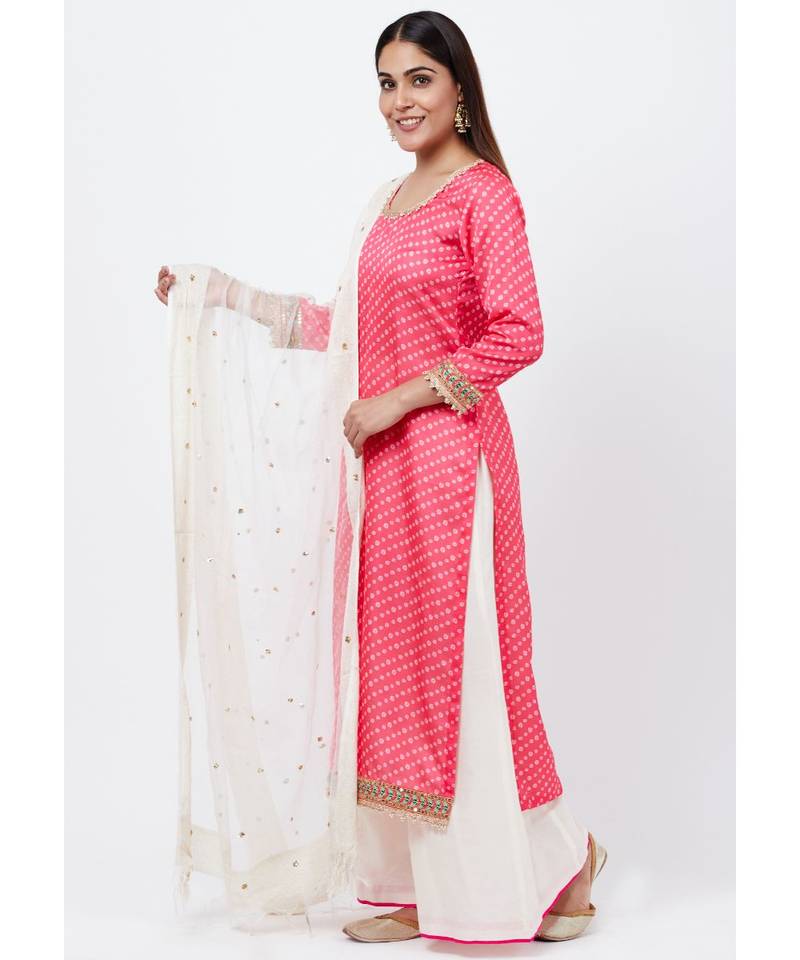 Carrot Pink Bandani Kurti with Flared Palazzo and Sequenced Dupatta