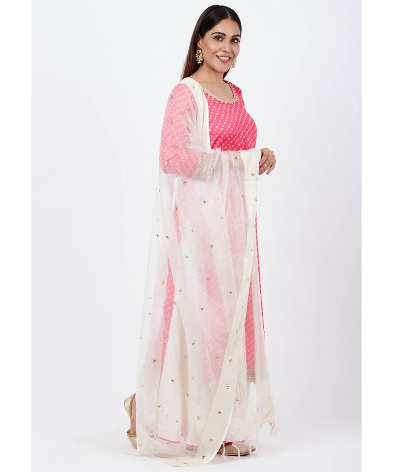 Carrot Pink Bandani Kurti with Flared Palazzo and Sequenced Dupatta