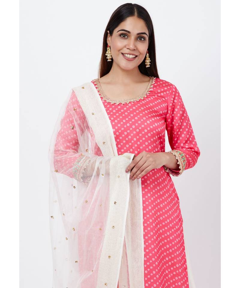 Carrot Pink Bandani Kurti with Flared Palazzo and Sequenced Dupatta