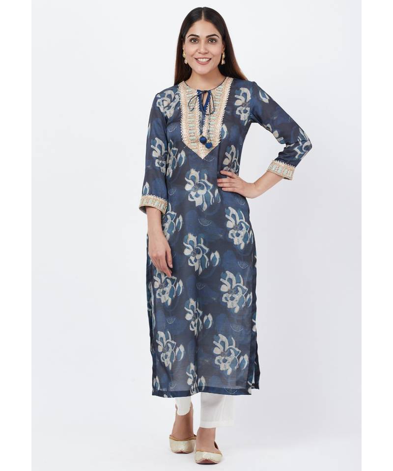 Gray Floral Embroidered Silk Kurti with Off-White Palazzo