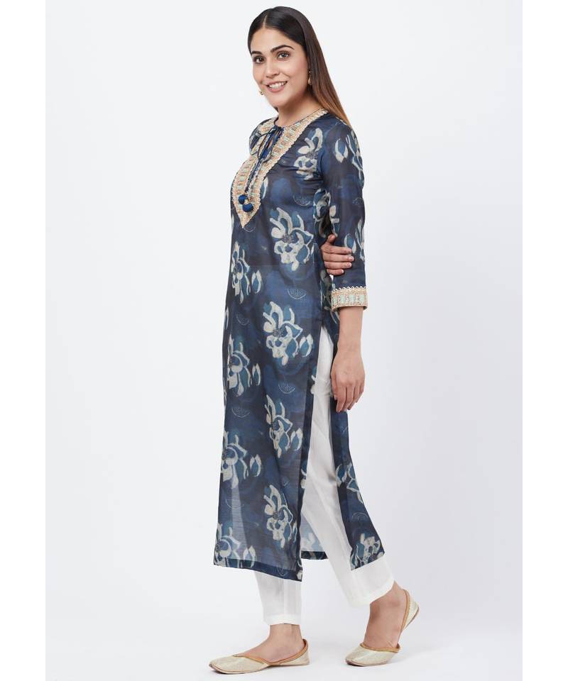 Gray Floral Embroidered Silk Kurti with Off-White Palazzo