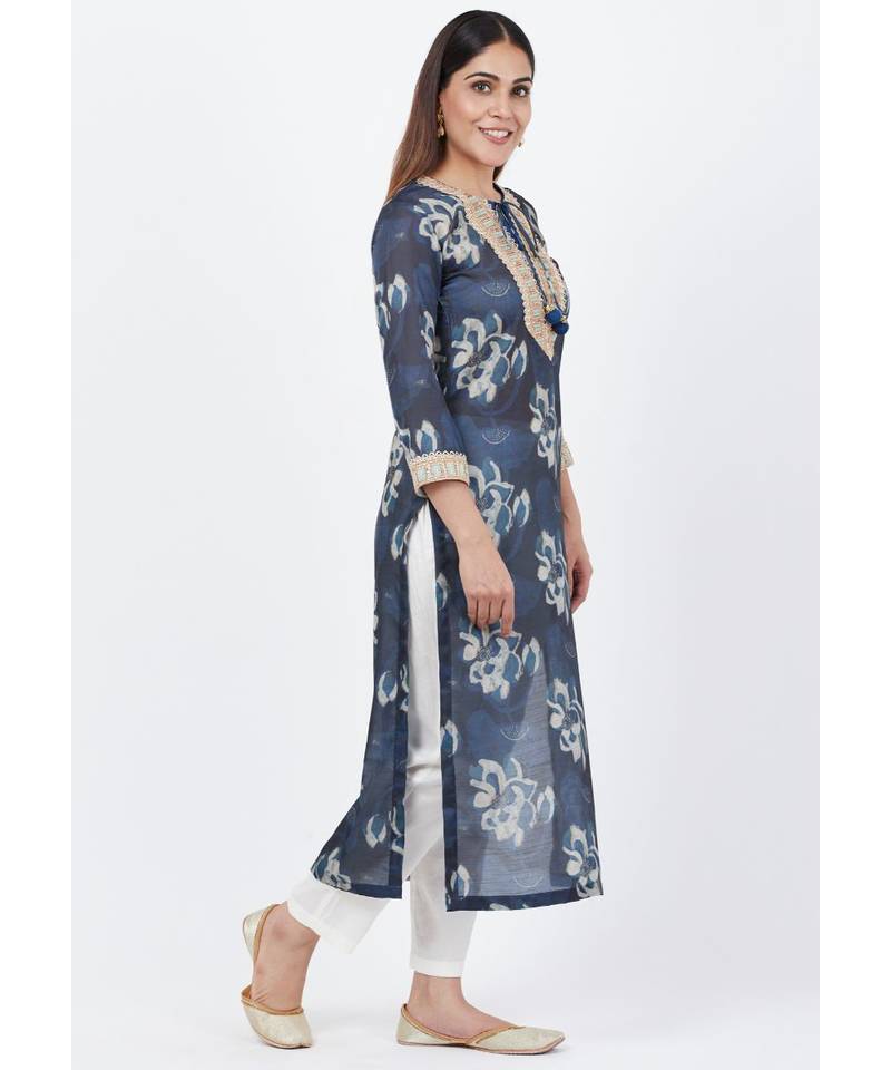 Gray Floral Embroidered Silk Kurti with Off-White Palazzo