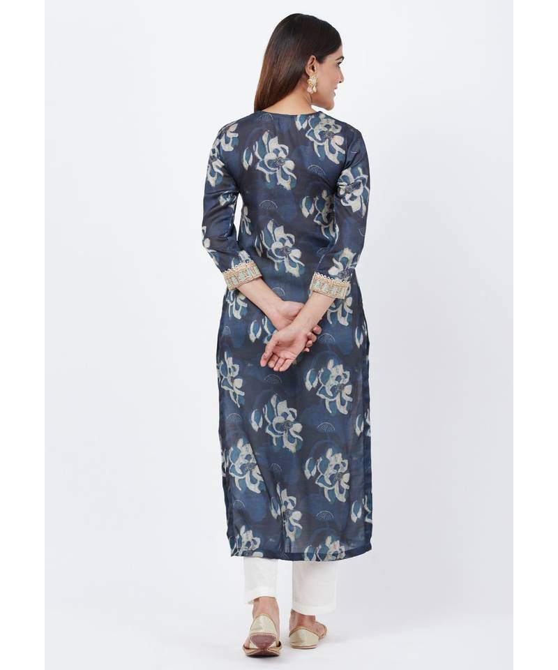 Gray Floral Embroidered Silk Kurti with Off-White Palazzo