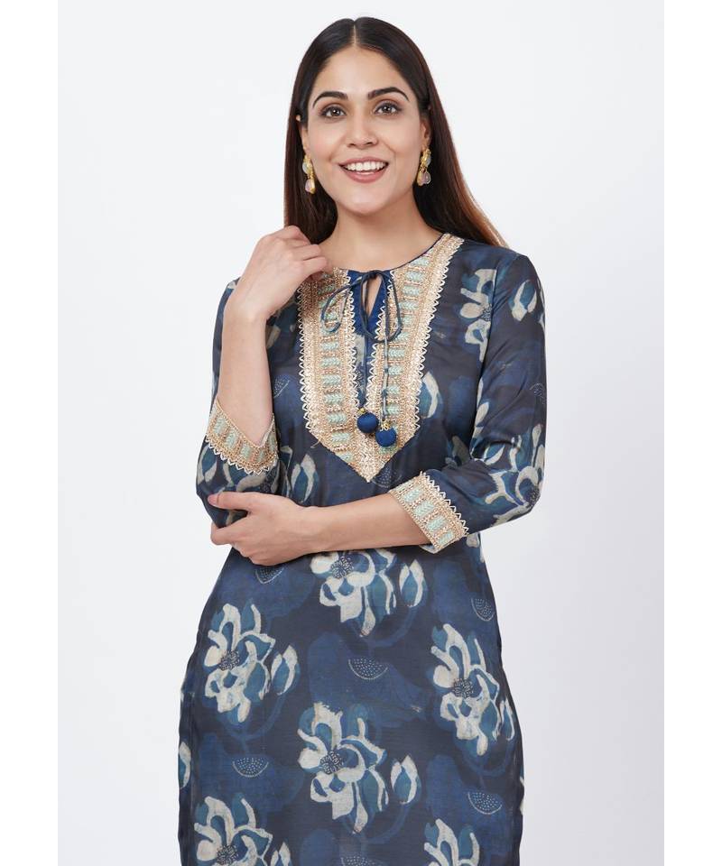 Gray Floral Embroidered Silk Kurti with Off-White Palazzo