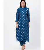 Blue Chanderi Thread Embroidered Kurti with Straight Pants