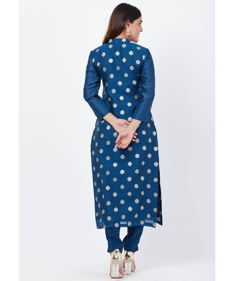 Blue Chanderi Thread Embroidered Kurti with Straight Pants