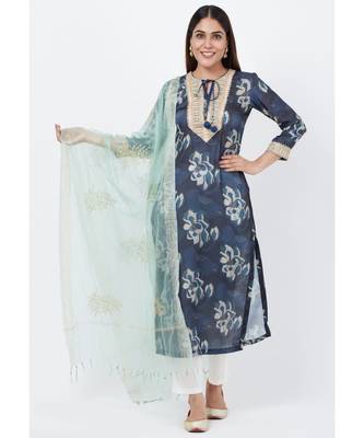 Gray Floral Embroidered Silk Kurti with Off-White Palazzo and Festive Dupatta 1