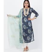 Gray Floral Embroidered Silk Kurti with Off-White Palazzo and Festive Dupatta