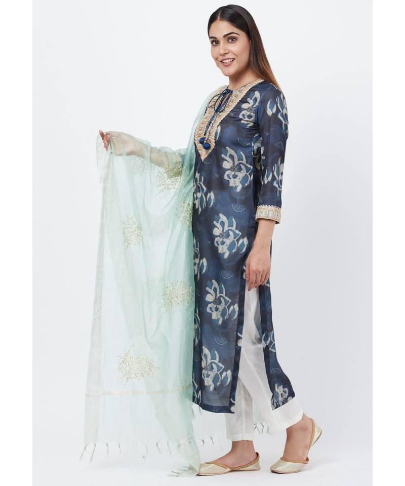 Gray Floral Embroidered Silk Kurti with Off-White Palazzo and Festive Dupatta
