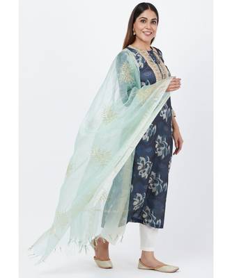 Gray Floral Embroidered Silk Kurti with Off-White Palazzo and Festive Dupatta 3